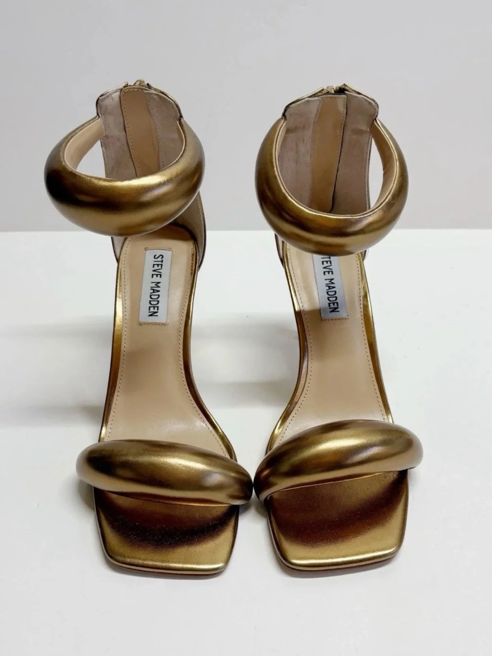 Steve Madden Partay Gold Bronze Metallic Stiletto Sandals Square Toe Size 8